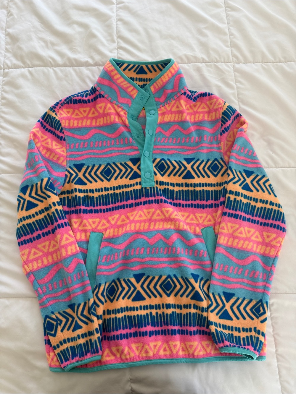 Pullover Fleece Quarter-Snap Sweater Jacket - Turquoise, Pink & Yellow